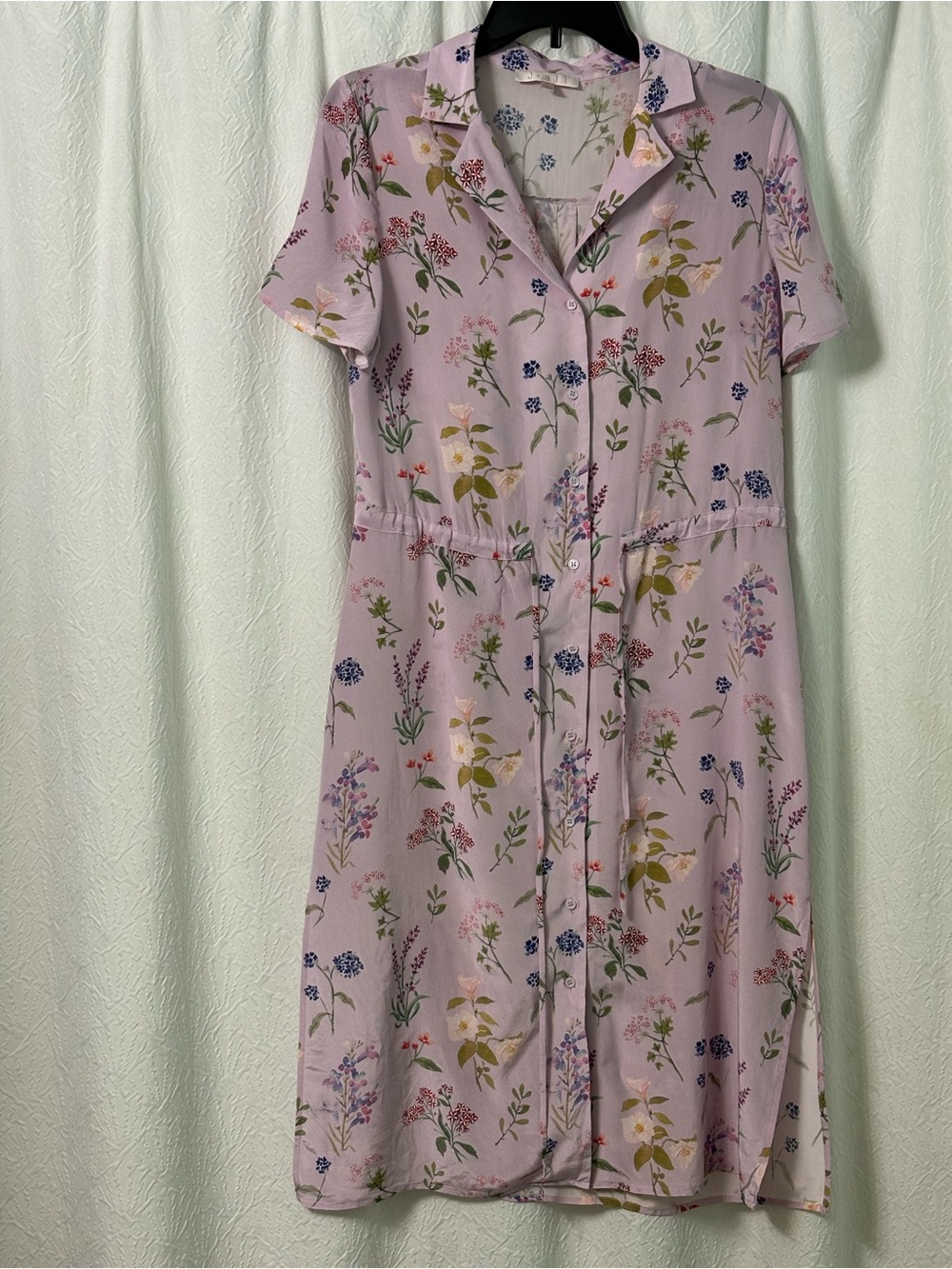 J * all 100 % Silk Lavender Floral Button-Front Midi Shirt Dress size M